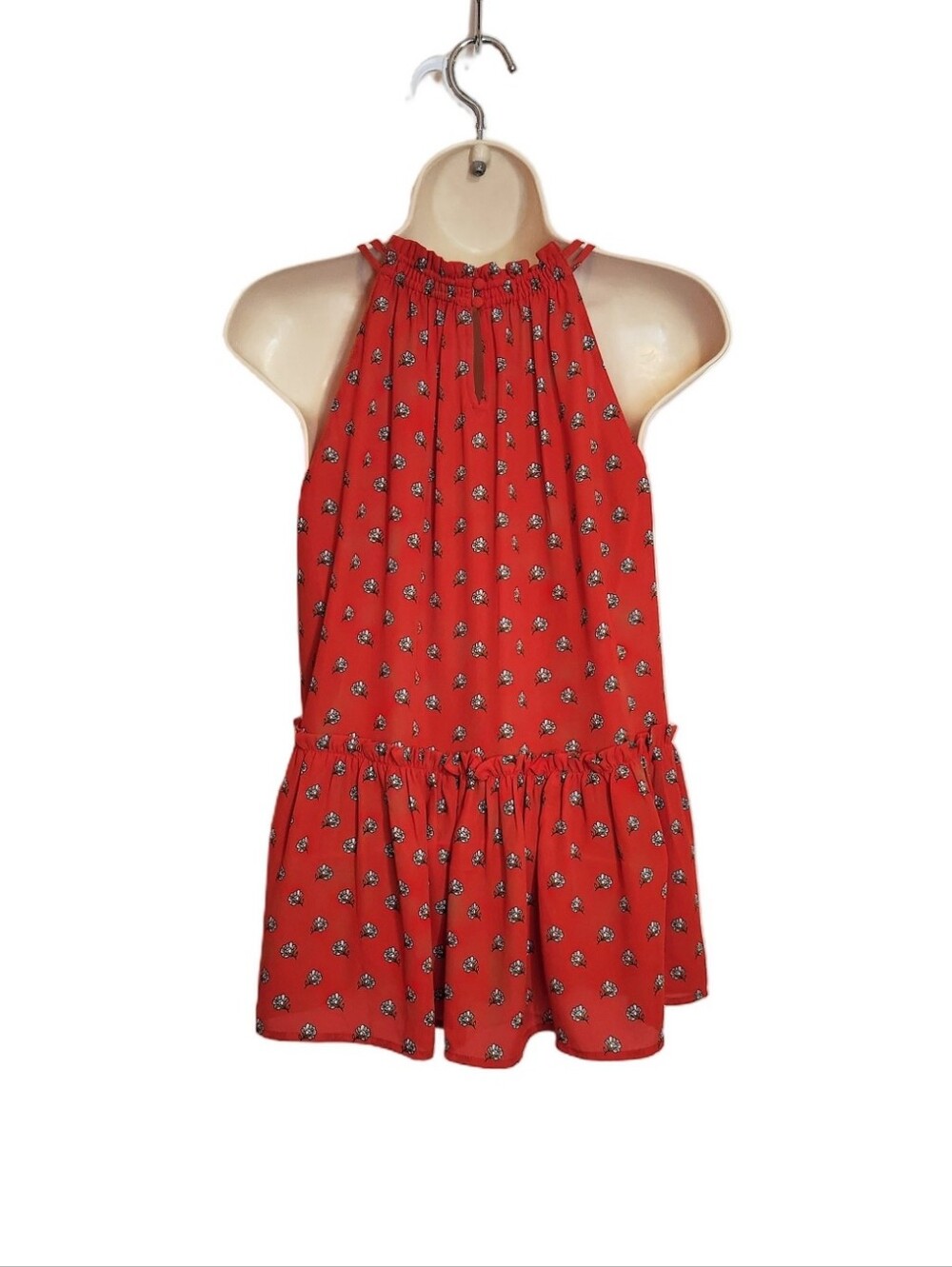 Loft Tiny Floral Shirred Keyhole Halter Sleeveless Red/White Peplum Top Medium - Picture 4 of 8